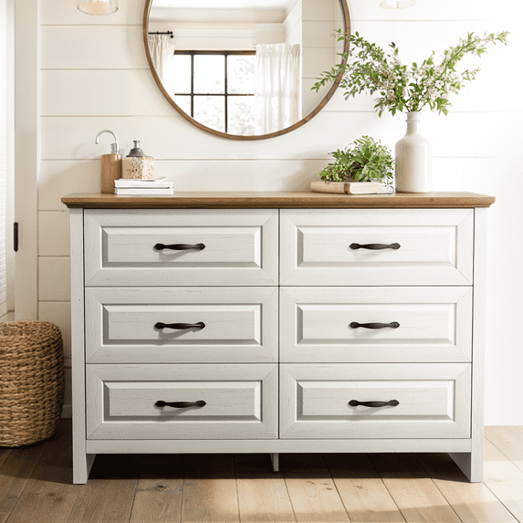 CHITOOMA Dressers for Bedroom 6 Drawer, 47.2" Double Wooden Dresser, Chest of Drawers for Living Room, Nursery, Hallway, White & Brown