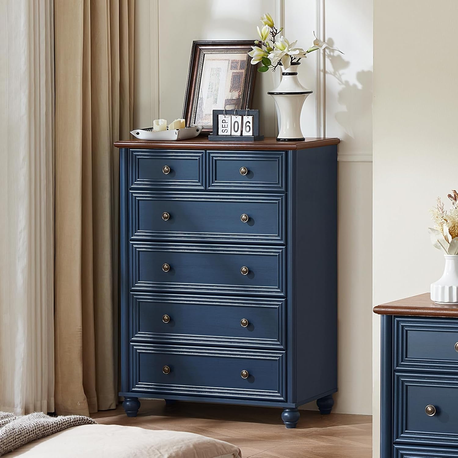 Farmhouse 6 Drawer Dresser, Blue Chest of Drawers, 43.5
