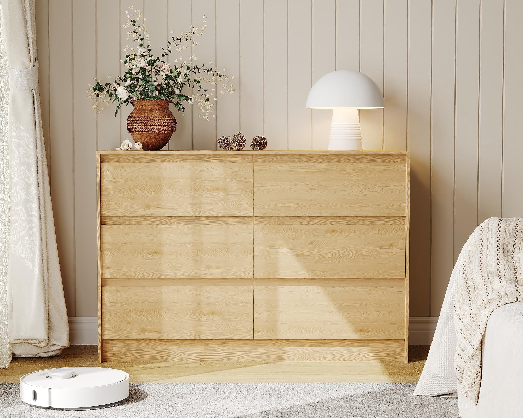 Drawer Handle Less Design Farmhouse 6 Drawer Dresser,Handle-Less Design Natural Oak Wooden ...