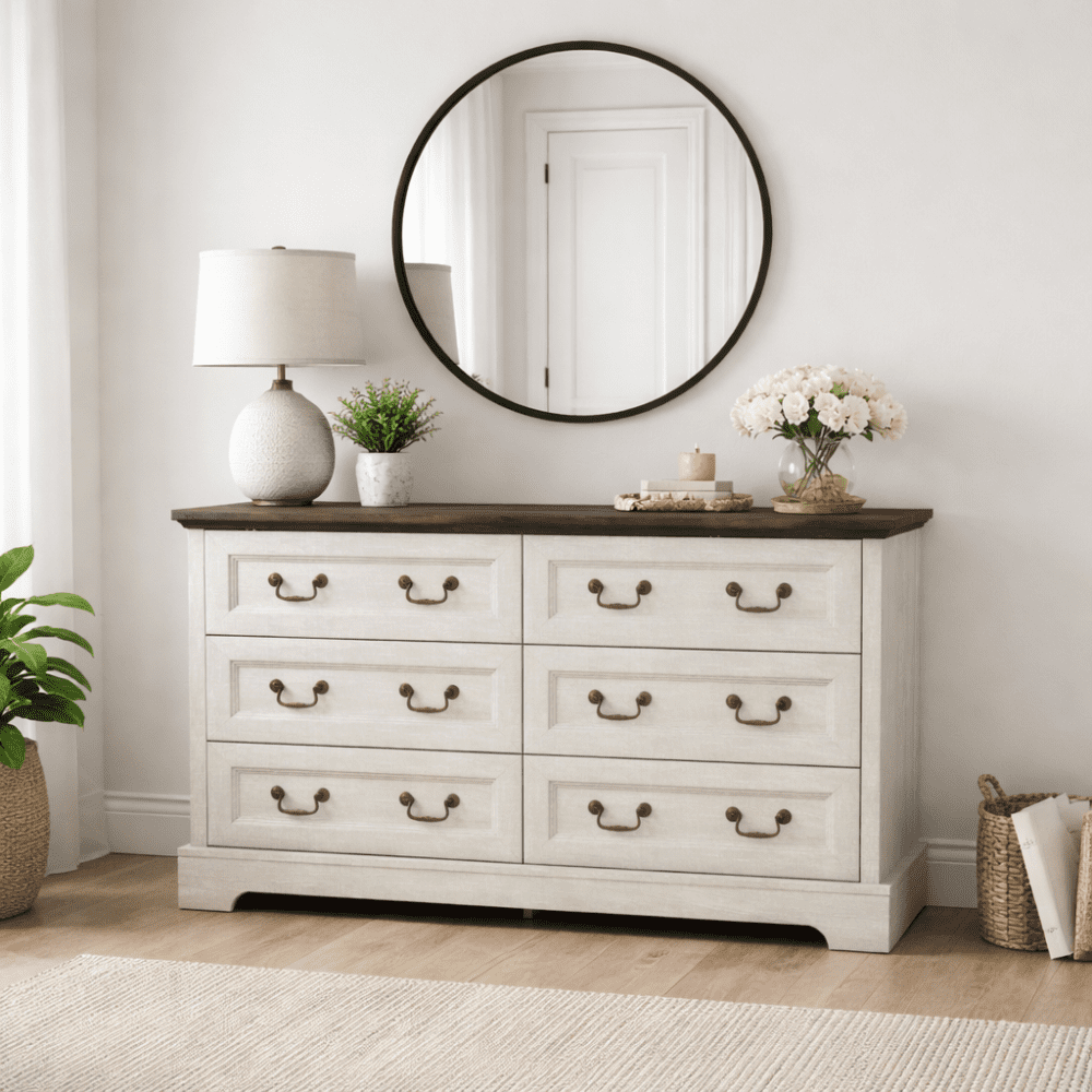 Farmhouse 6-Drawer Dresser, Rustic Wooden Chest of Drawers with Metal ...