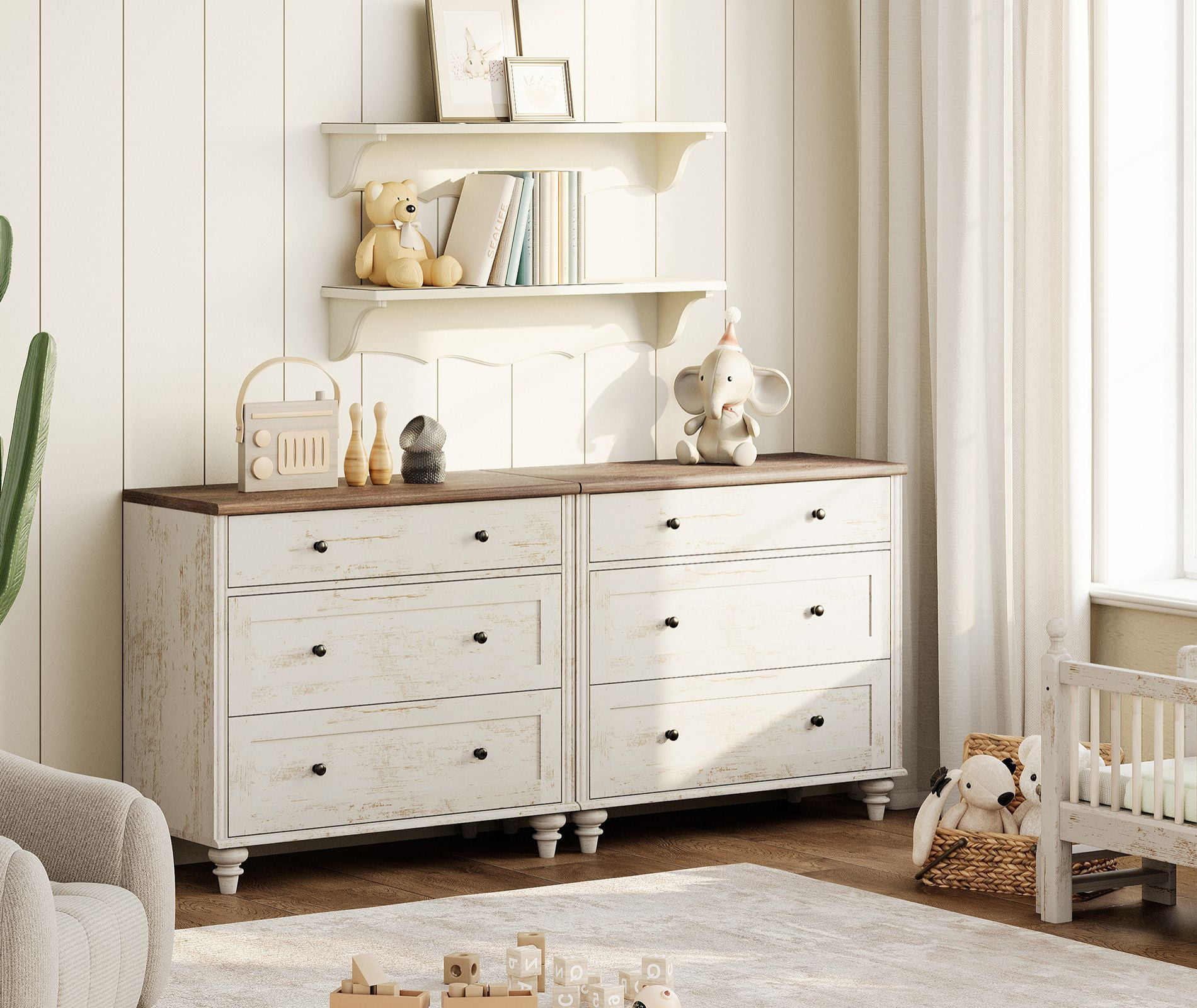 Farmhouse 6-Drawer Dresser, Wooden Storage Cabinet for Home, Rustic White