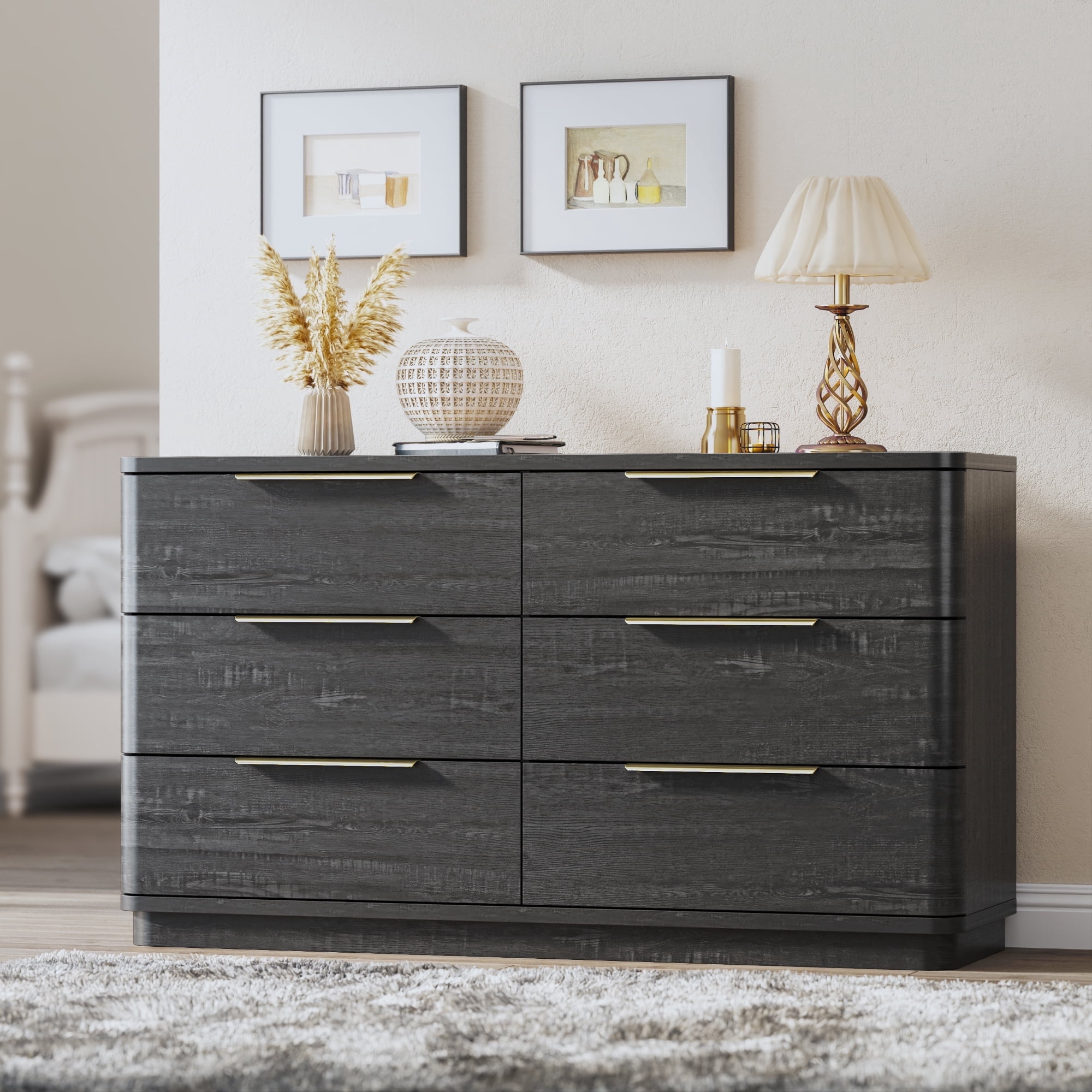 54" Wide Wood Dresser with 6 Drawers, Chest of Drawers for Bedroom, Hallway, Living Room, Wooden Dresser TV Stand, Black