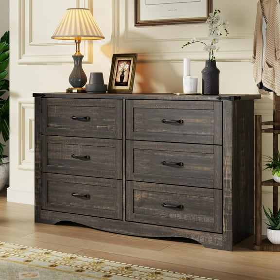 Farmhouse 6 Drawers Double Dresser for Bedroom, Modern White Dresser Chest of Drawers, Wide Dressers Organizer, Accent Storage Cabinet for Closet, Living Room, Hallway, Dark Rustic Oak