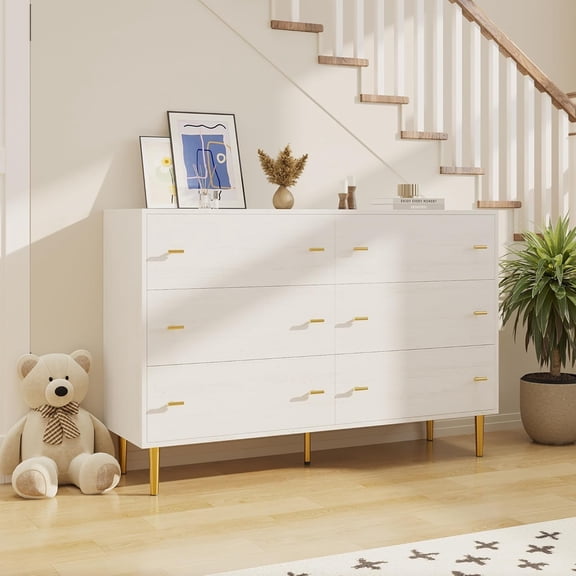 Farmhouse 6 Drawers Dresser for Bedroom, 47.2 in Wide White Dresser Wood Rustic Chest of Drawers with Large Drawers & Bar Handles,Natural Texture,Drawer Organizer for Living Room,Hallway and Entryway