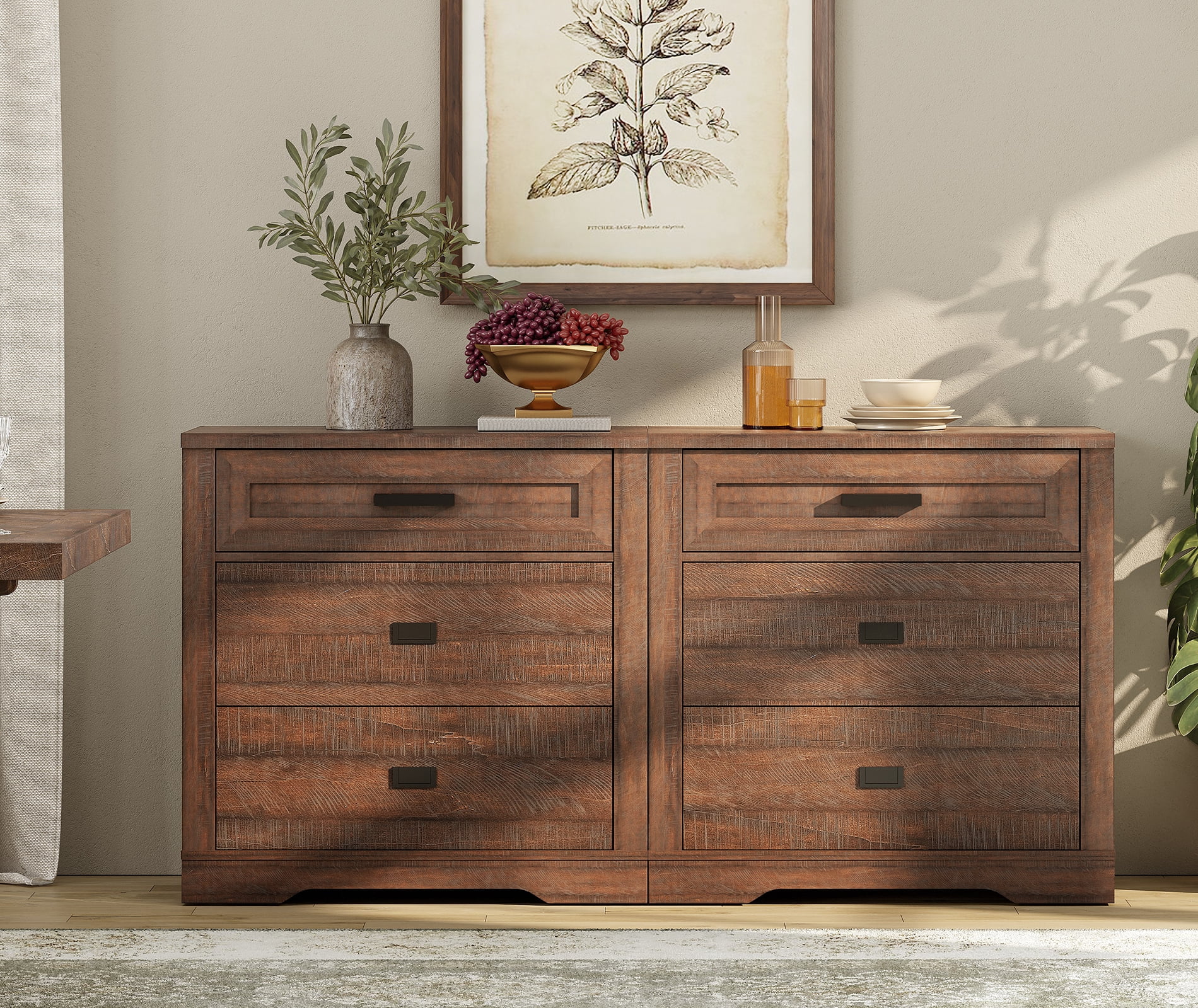 Farmhouse 6 Drawers Dresser for Bedroom, 62 inch 2 in 1 Double Dresser with Small Chest of Drawers,Mid Century Modern Wooden Closet Storage Organizer for Living Room, Hallway, Rustic Brown