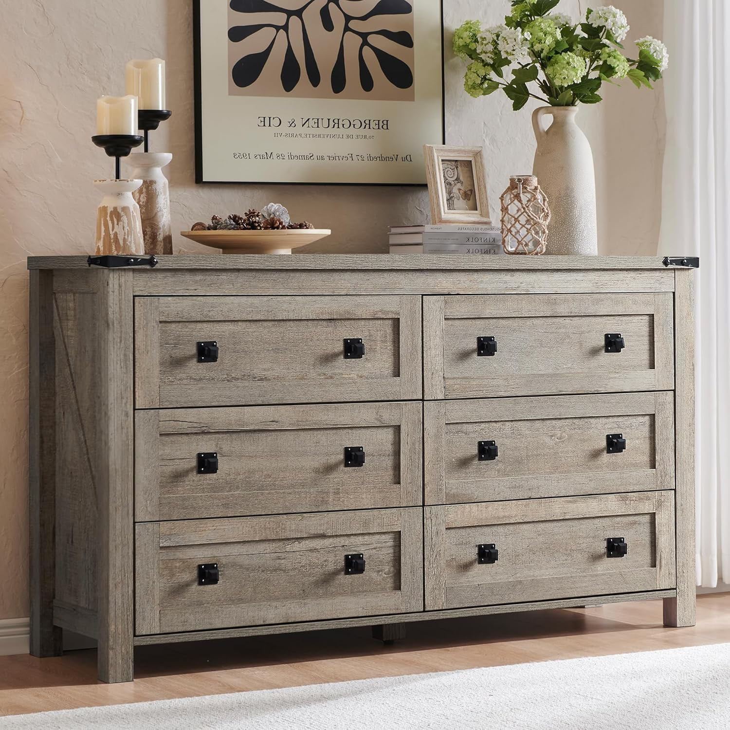 Farmhouse 6 Drawers Dresser for Bedroom, Wood Rustic Wide Chest of ...