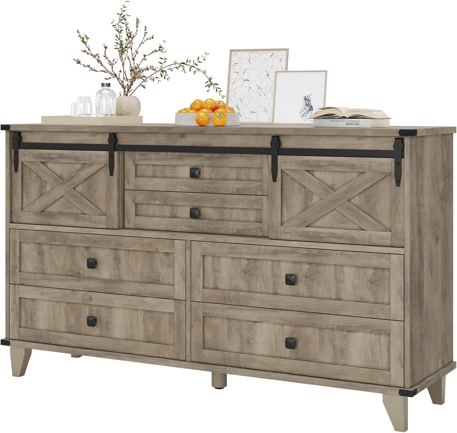 Farmhouse 6 Drawers Dresser with Sliding Barn Door,55.1'' Long Dresser ...