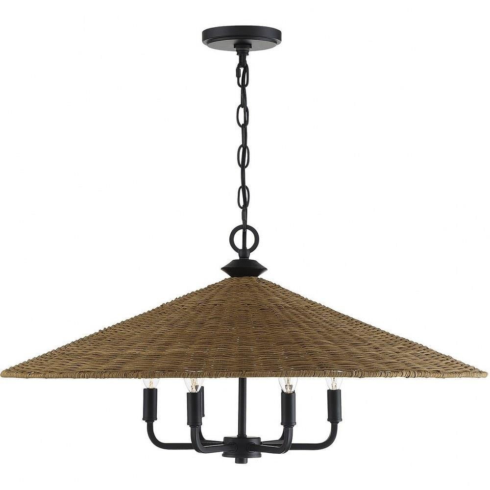 Matte Black and Natural Rattan 30" 6-Light Pendant