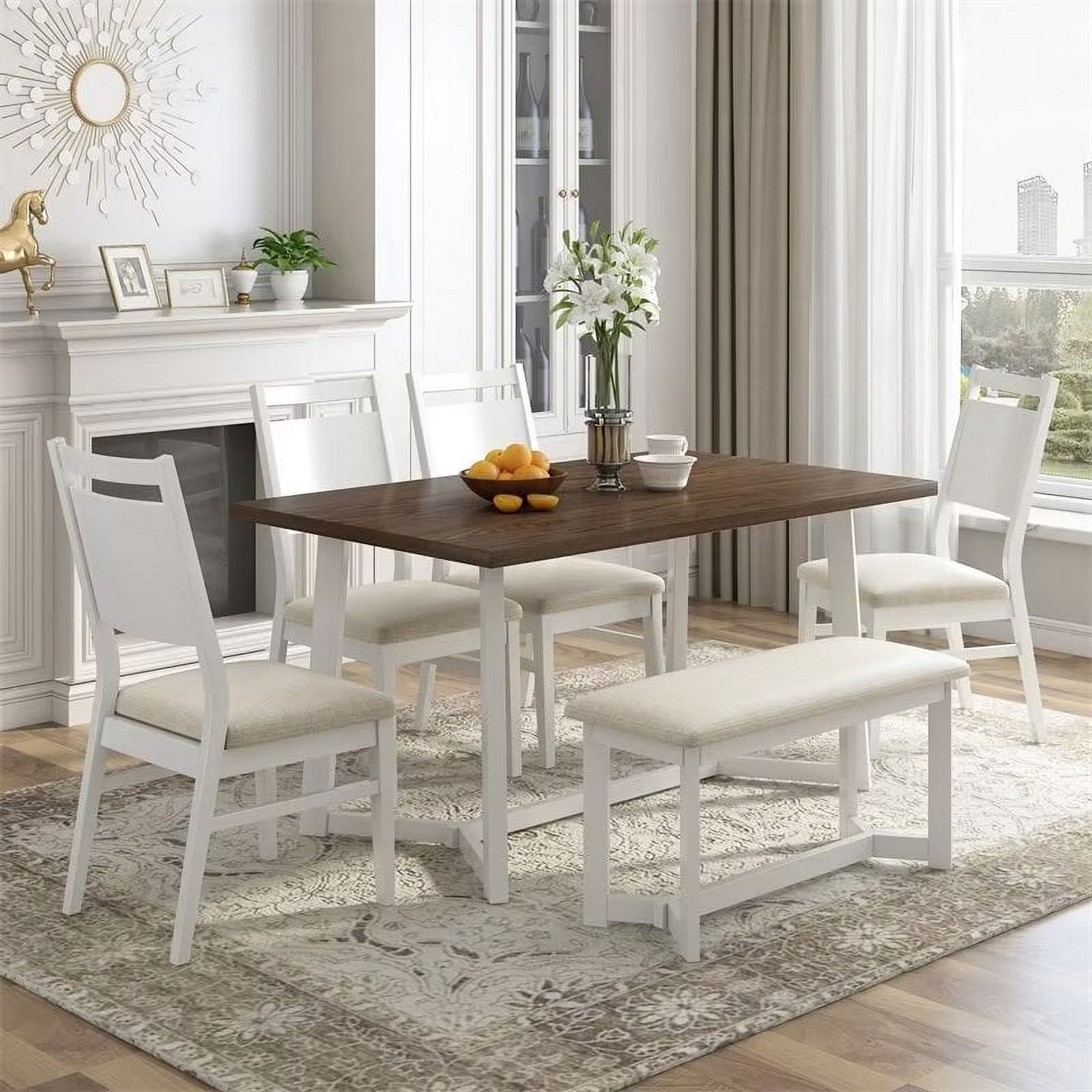 Farmhouse 6-Piece Dining Table Set, Wood Dining Table Set with Dining ...