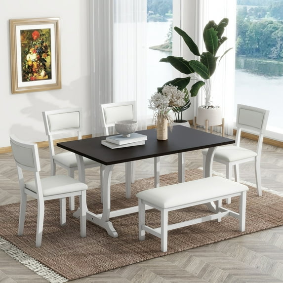 Farmhouse 6-Piece Trestle Dining Table Set with Upholstered Dining Chairs and Bench, 59inch, White WQ-824