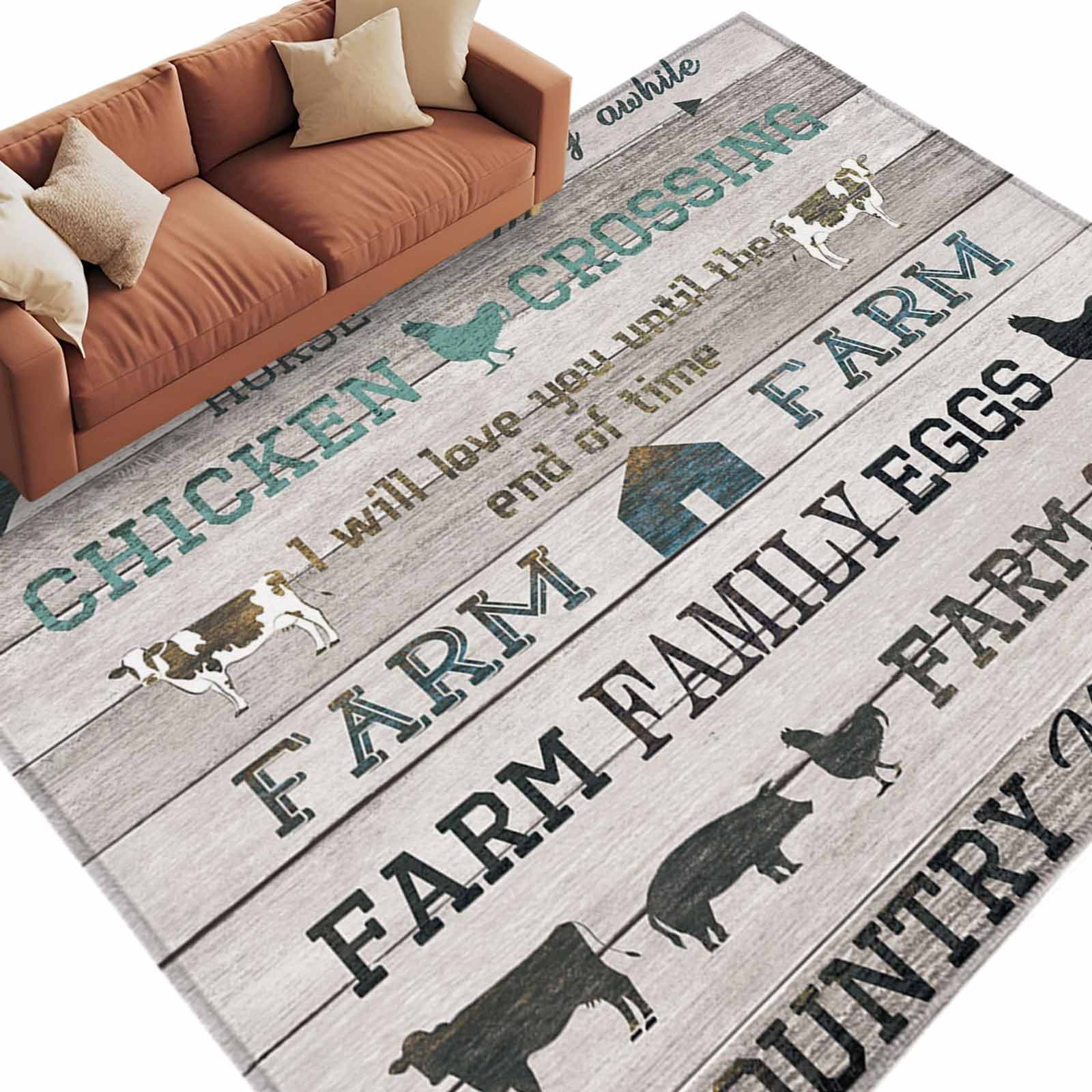 Chicken Area Rug Farmhouse 6'x9' Large Area Rugs Green Black Barn Cow Pig Chicken Brown ...