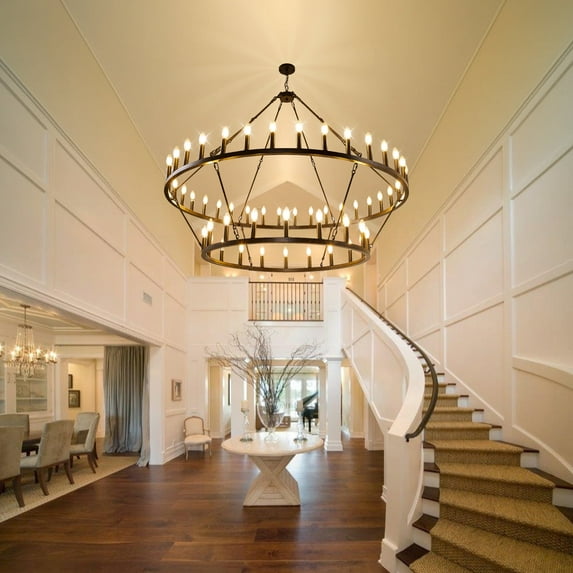 Farmhouse 60'' 2 Layer 54-Light Large Black Wagon Wheel Chandelier for Porch,Living Room