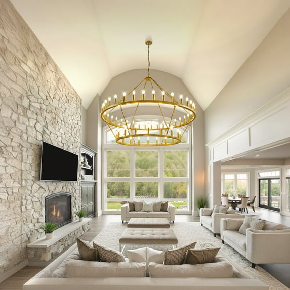 Farmhouse 60'' 2 Layer 54-Light Large Gold Wagon Wheel Chandelier for Porch,Living Room,High Ceiling