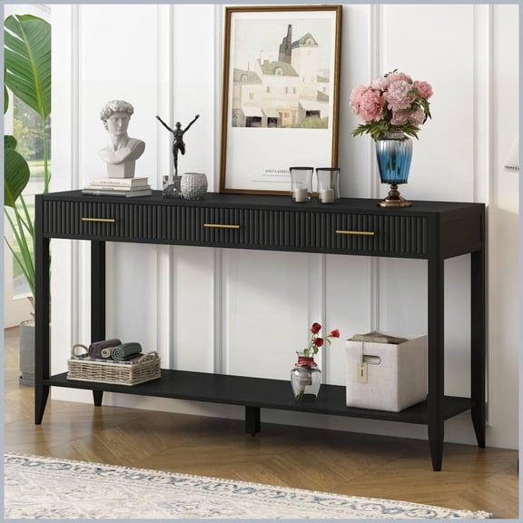 Farmhouse 60" Black Coffee Table with 3 Drawers - Spacious Entryway Table for Corridor, Easy-Clean Lacquer Finish