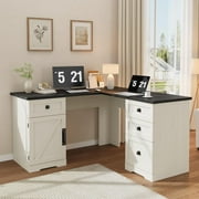 Farmhouse 60" Executive L Shaped Desk, Home Office Desk with File Drawers and Storage Cabinet, Corner Computer Desk with Adjustable Side Storage Cabinet