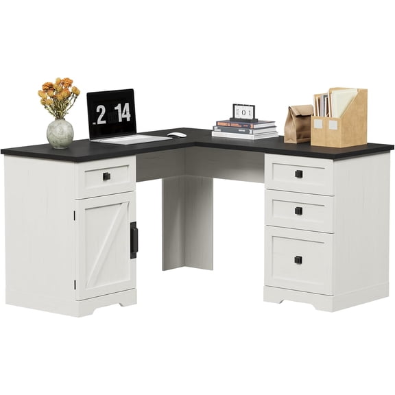 Farmhouse 60" Executive L Shaped Desk, Home Office Desk with File Drawers and Storage Cabinet, Corner Computer Desk with Adjustable Side Storage Cabinet