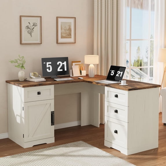 Farmhouse 60" Executive L Shaped Desk, Home Office Desk with File Drawers and Storage Cabinet, Corner Computer Desk with Adjustable Side Storage Cabinet