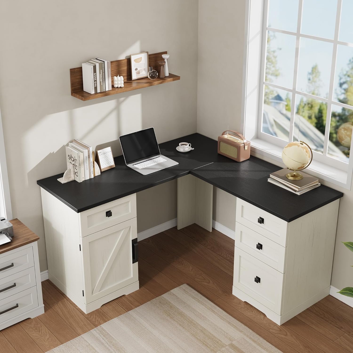 Farmhouse 60" Executive l Shaped Desk, Home Office Desk with File Drawers and Storage Cabinet, Corner Computer Desk with Adjustable Side Storage Cabinet (Black)
