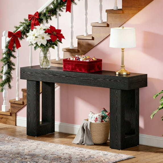 Farmhouse 63-Inch Wooden Console Table, Black Rectangular Sofa Table Behind The Couch, Sturdy Entryway Table For Entrance, Hallway, Living Room