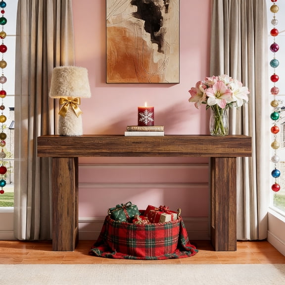 Farmhouse 63-Inch Wooden Console Table, Rustic Brown Rectangular Sofa Table Behind The Couch, Sturdy Entryway Table For Entrance, Hallway, Living Room