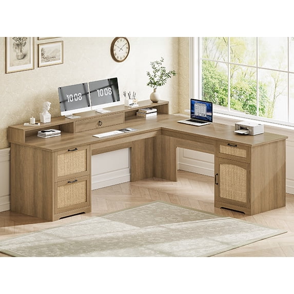 Farmhouse 63" L Shaped Computer Desk with 4 Drawers and Storage Cabinet, Corner Office Desk with Monitor Stand