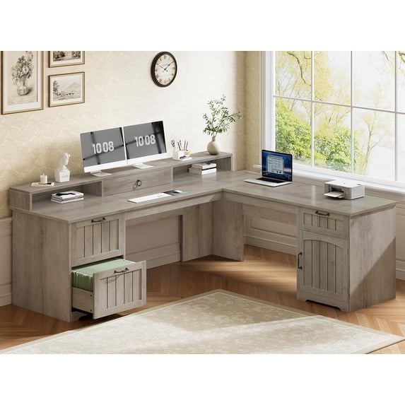 Farmhouse 63" L Shaped Computer Desk with 4 Drawers and Storage Cabinet, Corner Office Desk with Monitor Stand
