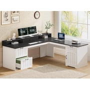 Farmhouse 63" L Shaped Computer Desk with 4 Drawers and Storage Cabinet, Corner Office Desk with Monitor Stand