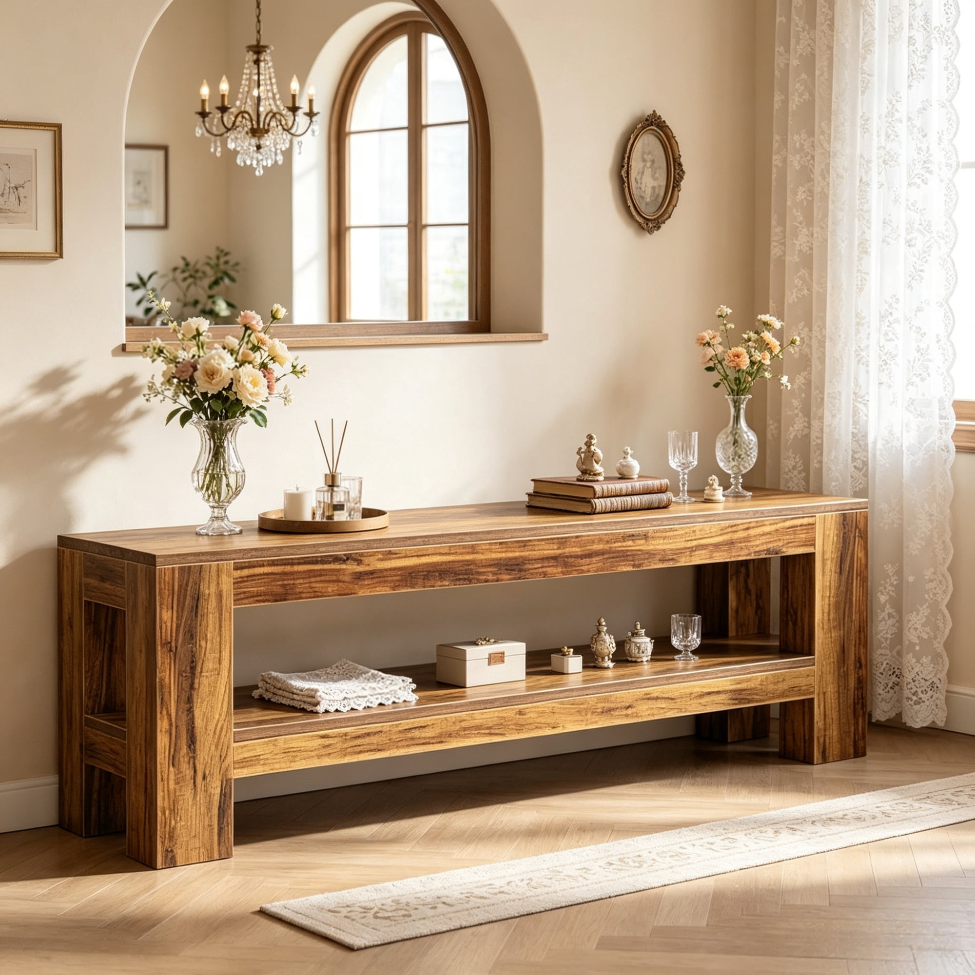 Farmhouse 64.17 in Entryway Bench, MDF Shoe Storage Console and End of Bed Table