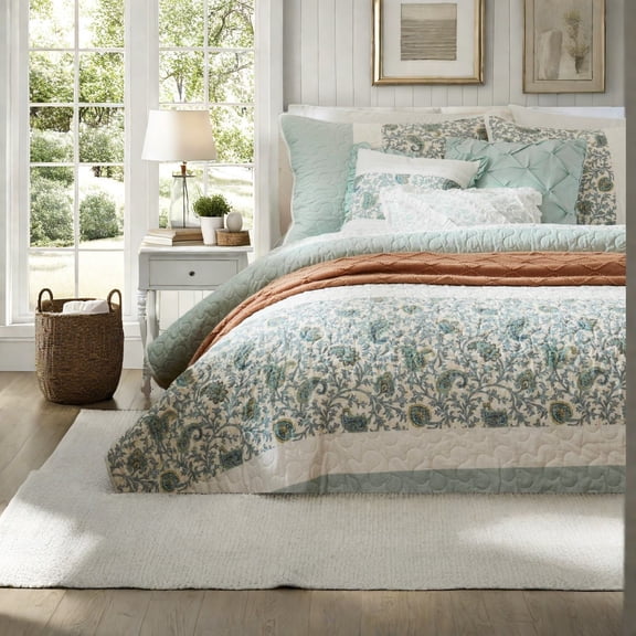 Farmhouse 6Piece Cotton Bedding Set Reversible Quilt with Decorative Pillows Aqua Full/Queen