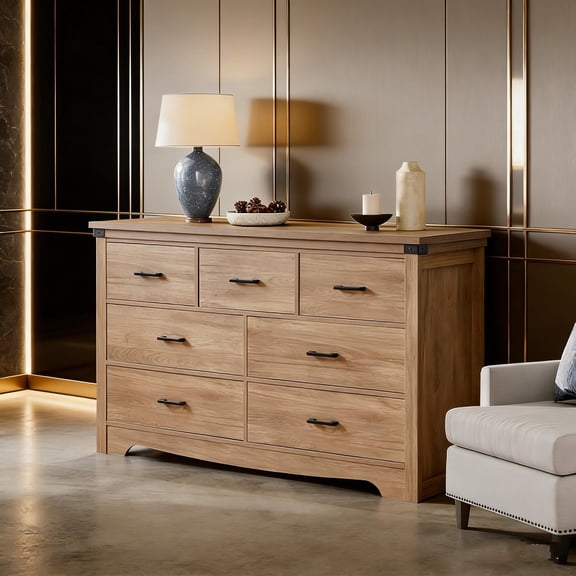 Farmhouse 7-Drawer Dresser with Metal Handles, 31.4" Tall Rustic Chest for Bedroom, Living Room or Hallway, Ample Storage Organization