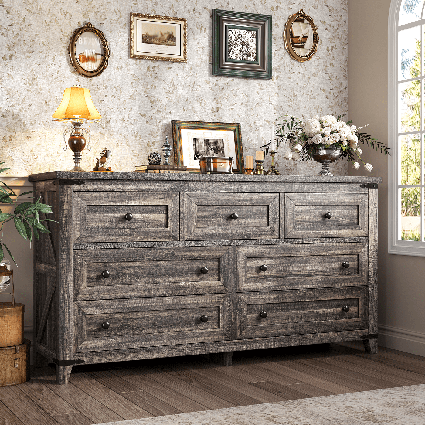 Dresser Rails Farmhouse 7 Drawers Dresser for Bedroom with Smooth Metal Rails,51