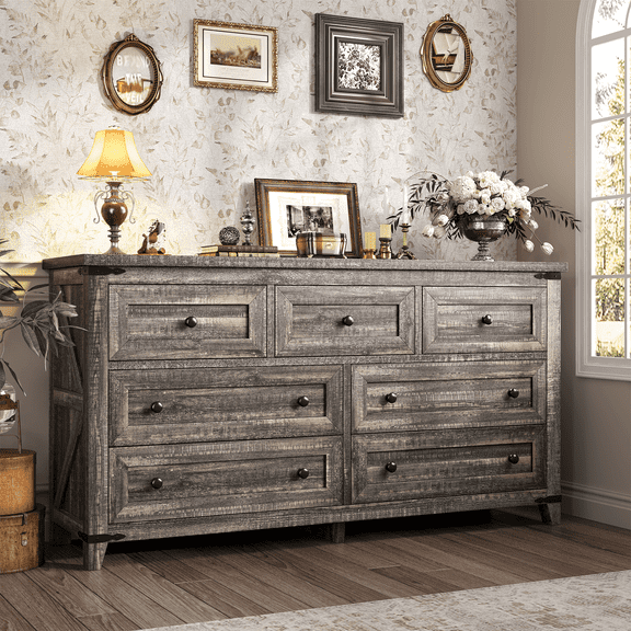 Romorgniz Farmhouse 7 Drawers Dresser for Bedroom with Smooth Metal Rails,51"Wide Wood Dresser with Deep Drawers,Chest of Drawers for Bedroom Storage Cabinet, Dark Rustic Oak