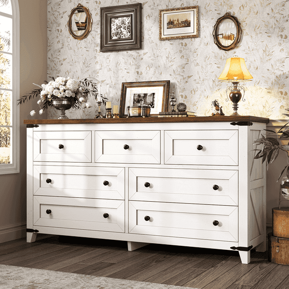 Romorgniz Farmhouse 7 Drawers Dresser for Bedroom with Smooth Metal Rails,Beige 51"Wide Wood Dresser with Deep Drawers,Chest of Drawers for Bedroom Storage Cabinet