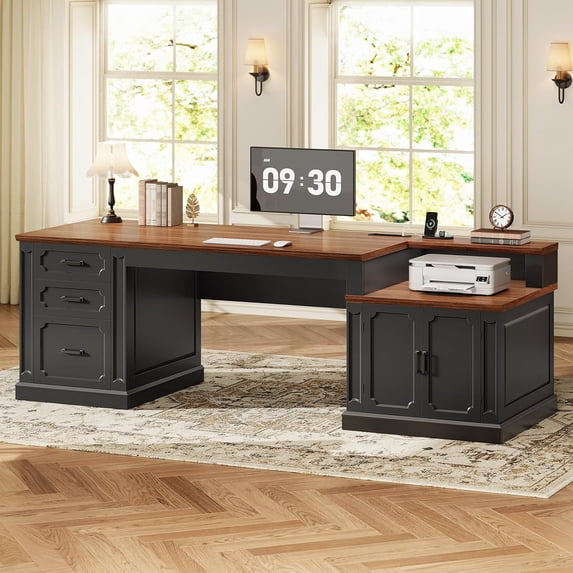 Farmhouse 70.9" Executive Desk with 3 Drawers and Storage Cabinet, Home Office Desk, Computer Desk for Work Study Writing