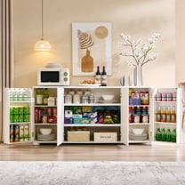 SinCiDo Kitchen Buffet Sideboard Cabinet, 66" Curved Coffee Bar Storage Cabinet with 4 Doors and Shelves for Kitchen, Dining Room, White