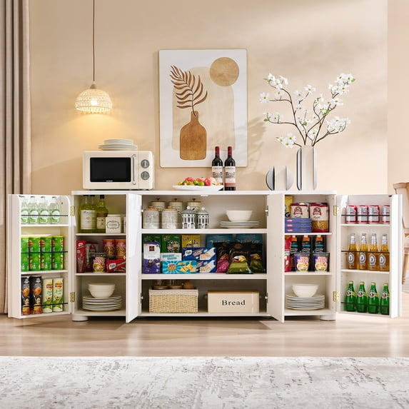 SinCiDo Kitchen Buffet Sideboard Cabinet, 66" Curved Coffee Bar Storage Cabinet with 4 Doors and Shelves for Kitchen, Dining Room, White