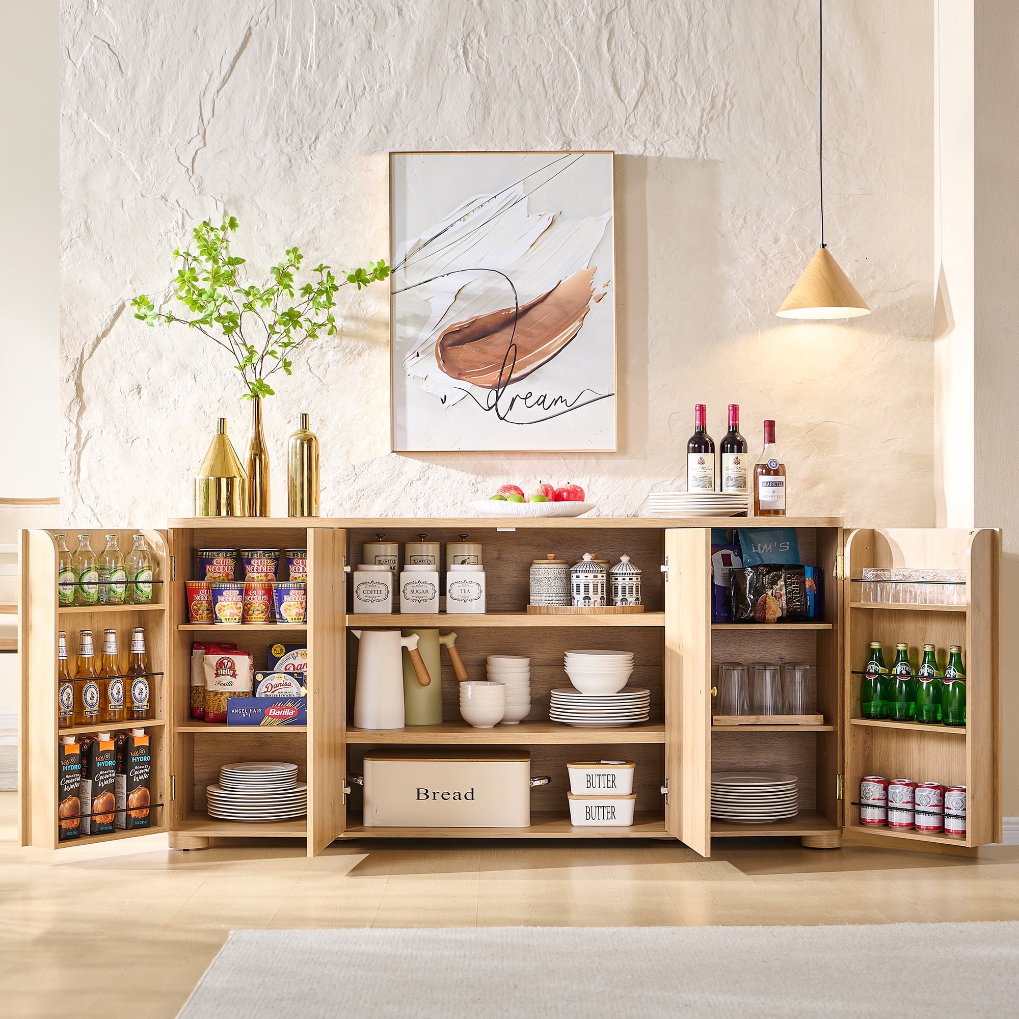Aitjunz Kitchen Buffet Sideboard Cabinet, 66" Curved Coffee Bar Storage Cabinet with 4 Doors and Shelves for Kitchen, Dining Room, Natural