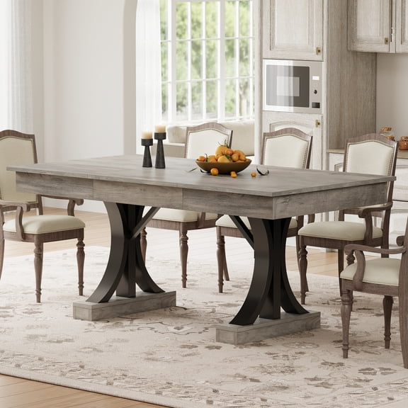 Farmhouse 71" Rectangular Dining Table for 6-8, Wood Kitchen Table with 2 Storage Drawers, Thick Tabletop, Sturdy Metal Frame, Rustic Industrial