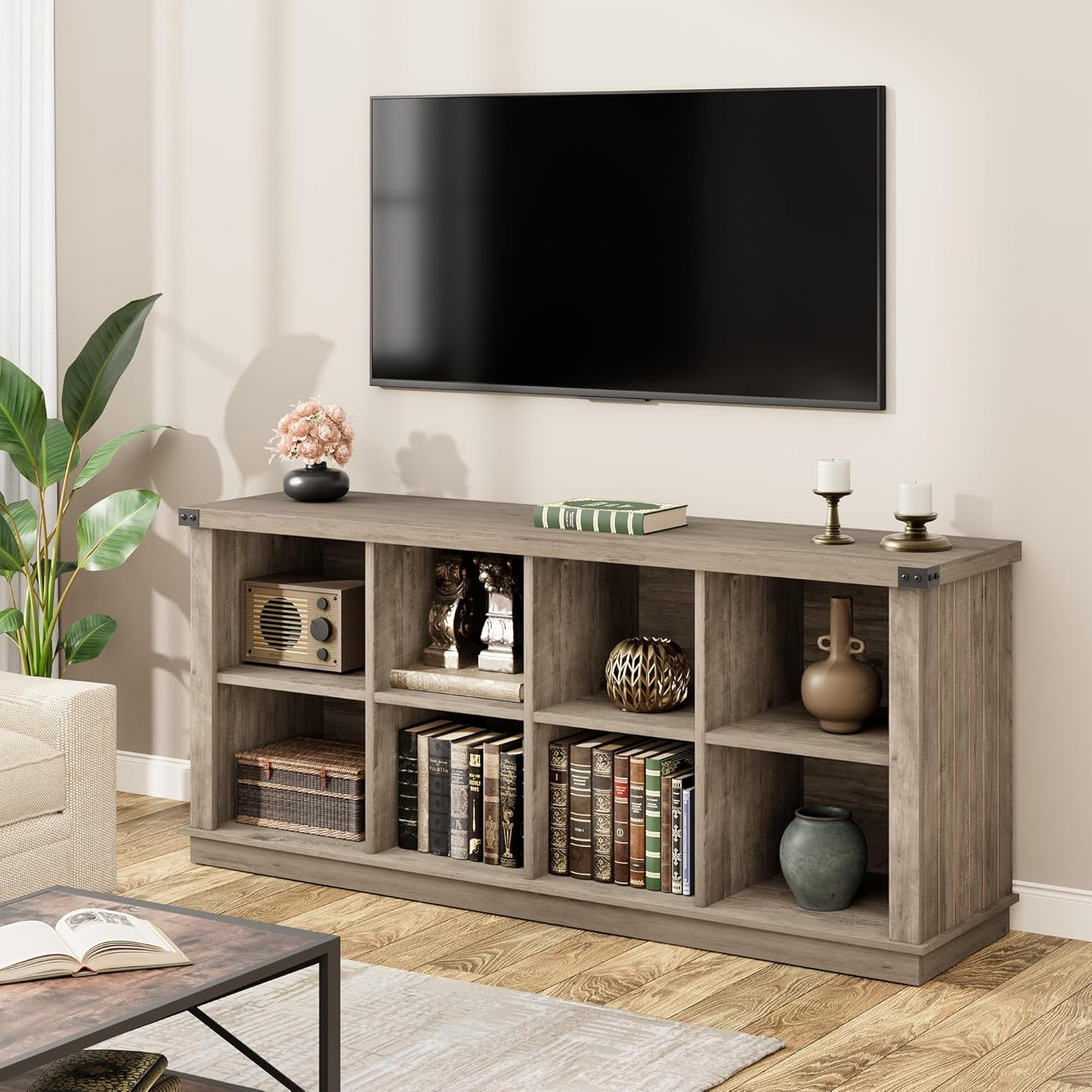 Farmhouse 8 Cube Bookshelf Rustic Wooden Storage Organizer Book Shelf 62  Inch Cubby Hallway Bookcase Modern Open Book Case for Living Room, Hallway, image size:1500x1500