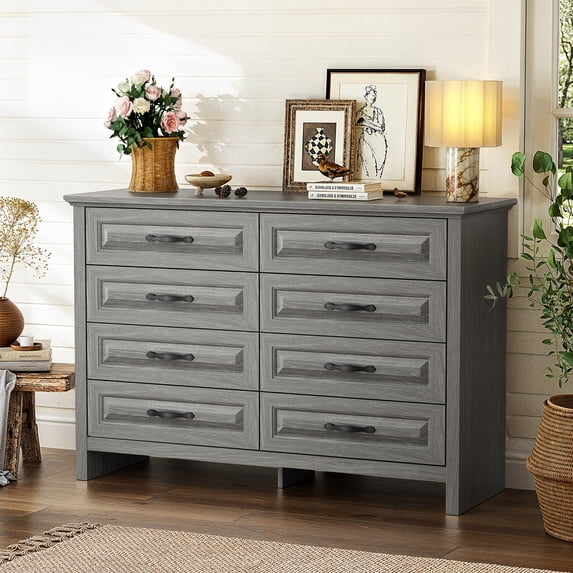 CHITOOMA 8 Drawer Dressers for Bedroom, Double Horizontal Wooden Dresser, Chest of Drawers for Living Room, Nursery, Hallway, Gray