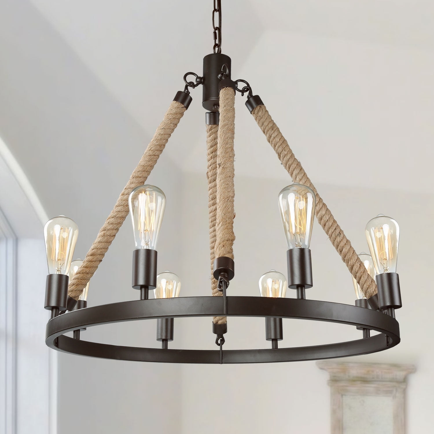 Bronze Farmhouse 8-Light Wagon Wheel Chandelier with Jute Rope