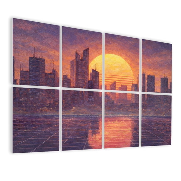 Farmhouse 8 Pack Art Acoustic Panels Sound Absorbing Vintage vaporwave cyber city purple pink neon glow sunrise Decorative Soundproof Wall Panels Self Adhesive for Nursery Game Room Bedroom 48"x32"