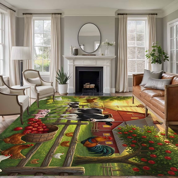 Farmhouse 8'x10' Large Area Rug for Living Room Sectional Sofa, Rustic Dairy Cow Pig Chicken Country Duck Horse Red Barn Non Slip Low Pile Rectangle Area Rug, Machine Washable Indoor Outdoor Mat