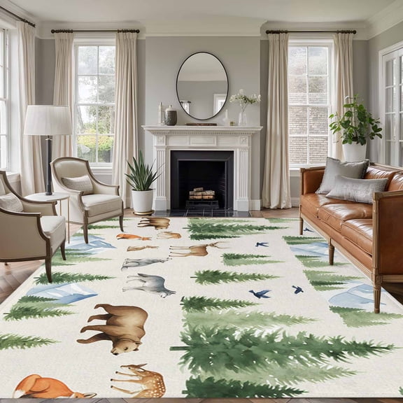 Farmhouse 8'x10' Large Area Rug for Living Room Sectional Sofa, Watercolor Bear Deer Rabbit Rustic Wolf Fox Natura Non Slip Low Pile Rectangle Area Rug, Machine Washable Indoor Outdoor Mat