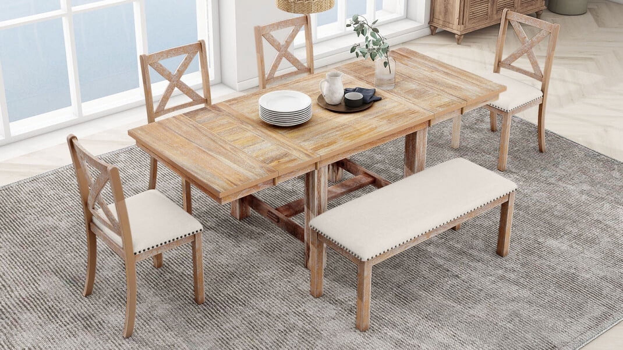 Farmhouse 82inch 6Piece Extendable Dining Table with Footrest, 4
