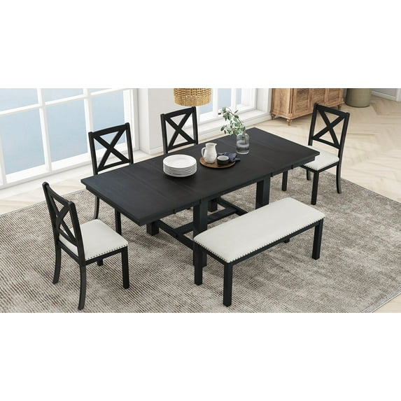 Farmhouse 82inch 6-Piece Extendable Dining Table with Footrest, 4 Upholstered Dining Chairs and Dining Bench, Two 11"Removable Leaf, Black+Beige Cushion