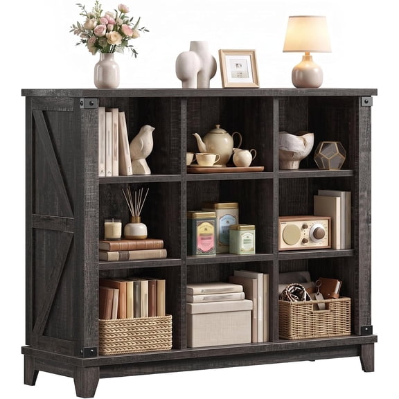 Farmhouse 9-Cube Storage Organizer for Living Room, Black Oak | Home Organization Lovers, Wood & Metal, Holds 386 Lbs, Anti-Tip & Stabilizers