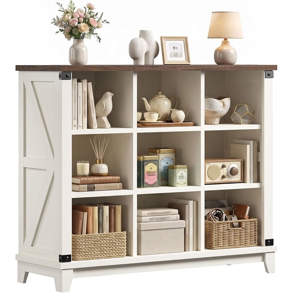 Farmhouse 9-Cube Storage Organizer for Living Room, White | Home Organization Lovers, Wood & Metal, Holds 386 Lbs, Anti-Tip & Stabilizers