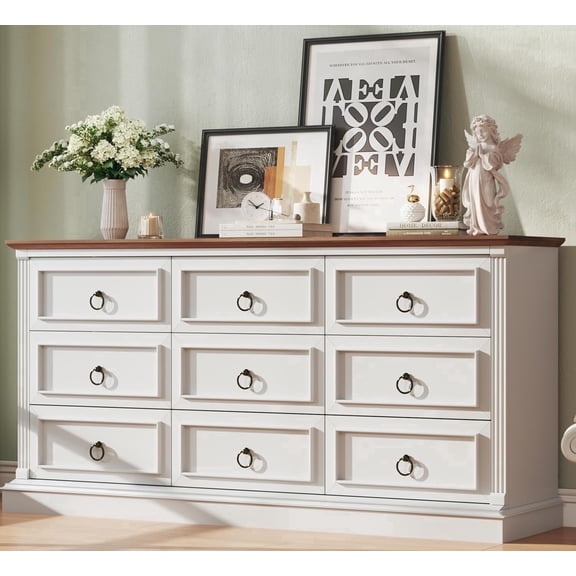 Farmhouse 9 Drawer Dresser for Bedroom, 60" White Wood Dresser with Roman Column for Living Room