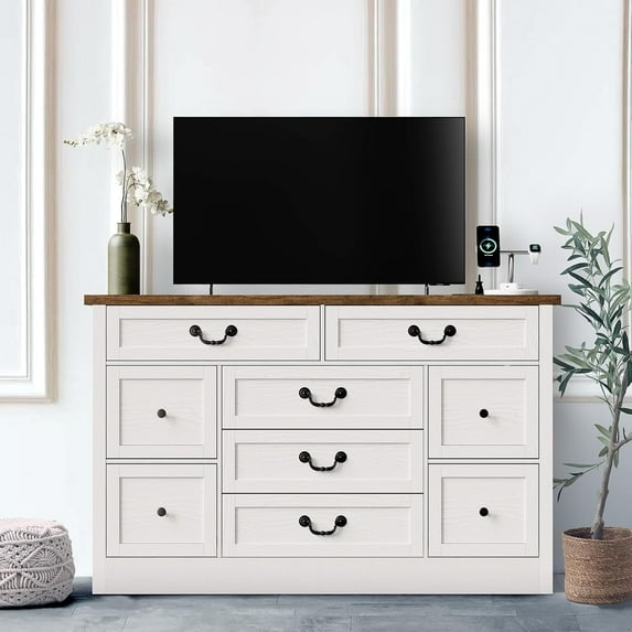 Farmhouse 9 Drawer Dresser with Charging Station, 54" Wide Wide Wood Dresser with Roman Metal Handle, Vintage Dressers TV Stand, Chest of Drawers for Living Room, Bedroom